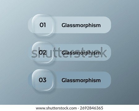 Abstract glassmorphism infographic with three steps labeled 01, 02, 03. Modern transparent design for presentation or concept. Business visualization.