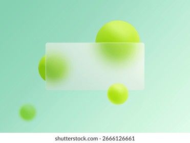 Abstract glassmorphism rectangle with green 3D spheres