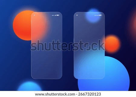 Abstract glassmorphism smartphone mockup with transparent frosted screens, colorful blurred circles and modern gradient background. Perfect template for UI, app design and mobile presentation.