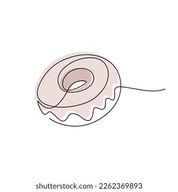 Abstract glazed doughnut one line continuous drawing. Vector illustration. Hand drawn silhouette icon. Minimal design, print, banner, card, product logo, brochure, menu, bakery, confectionery shop.