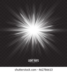 Abstract gleaming light rays vector background. White glint glowing effect on transparent backdrop. Design element. Celebration, holidays and party illustration