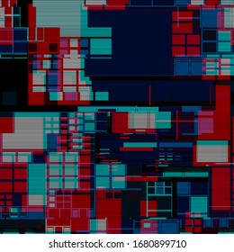 Abstract glitch background. Geometric composition in a retro futuristic style. Cyberpunk concept. Colorful techno backdrop with aesthetics of vaporwave style.