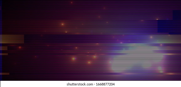 Abstract glitch background. Glitched glowing neon lights. Cyberpunk wallpaper  in a style of 80's. Futuristic concept. EPS 10. Creative graphic design for poster,brochure,flyer and card.