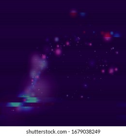 Abstract glitch background. Glitched glowing neon lights against dark backdrop. Cyberpunk wallpaper  in a style of 80's. Futuristic concept. Creative graphic design for poster,brochure,flyer and card.
