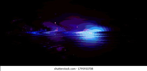 Abstract glitch background. Glitched glowing neon fluid shape. Cyberpunk wallpaper  in a style of 80's. Futuristic concept. EPS 10. Creative graphic design for poster,brochure,flyer and card.