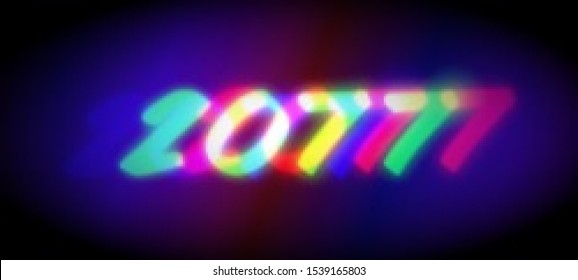 Abstract glitch background with glitched number "2077". Vector illustration in a cyberpunk style. Colorful techno backdrop with aesthetics of vaporwave style of 80's. Retrowave colorful wallpaper.