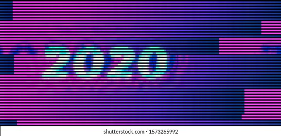 Abstract glitch background with glitched number "2020". Vector illustration in a cyberpunk style. Colorful techno backdrop with aesthetics of vaporwave style of 80's. Retrowave colorful wallpaper.