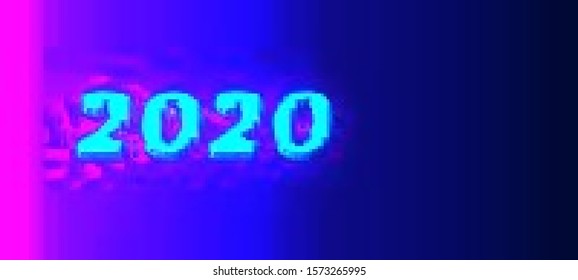 Abstract glitch background with glitched number "2020". Vector illustration in a cyberpunk style. Colorful techno backdrop with aesthetics of vaporwave style of 80's. Retrowave colorful wallpaper.