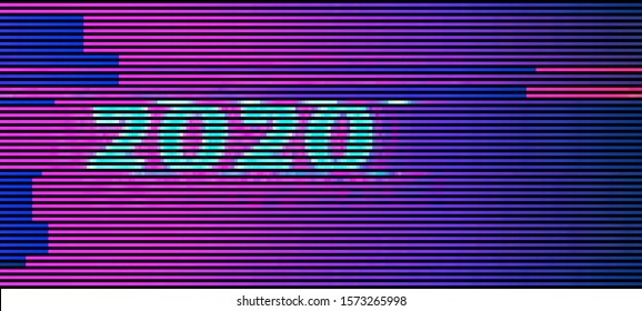 Abstract glitch background with glitched number "2020". Vector illustration in a cyberpunk style. Colorful techno backdrop with aesthetics of vaporwave style of 80's. Retrowave colorful wallpaper.