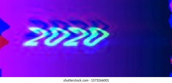 Abstract glitch background with glitched number "2020". Vector illustration in a cyberpunk style. Colorful techno backdrop with aesthetics of vaporwave style of 80's. Retrowave colorful wallpaper.