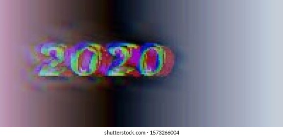 Abstract glitch background with glitched number "2020". Vector illustration in a cyberpunk style. Colorful techno backdrop with aesthetics of vaporwave style of 80's. Retrowave colorful wallpaper.