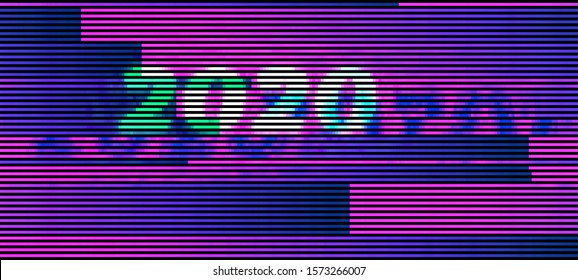 Abstract glitch background with glitched number "2020". Vector illustration in a cyberpunk style. Colorful techno backdrop with aesthetics of vaporwave style of 80's. Retrowave colorful wallpaper.