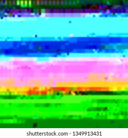 Abstract glitch background. Vector illustration of a distorted surface. Cyberpunk concept. Colorful techno backdrop in a retro style of 80's.