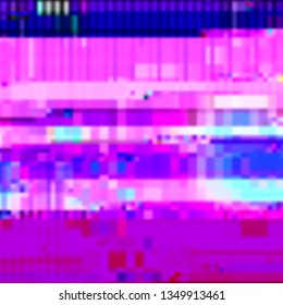 Abstract glitch background. Vector illustration of a distorted surface. Cyberpunk concept. Colorful techno backdrop in a retro style of 80's.