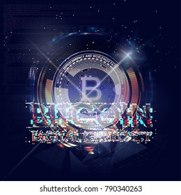 Abstract Glitch bitcoin. Crypto currency pixels coin bitcoin symbol isolated on transparent background. Vector illustration.