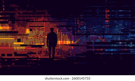 Abstract glitch effect background. human silhouette. digital art. pixel glitch texture. Data visualization concept. digital distortion and noise effect. banner or poster. Vector Illustration.