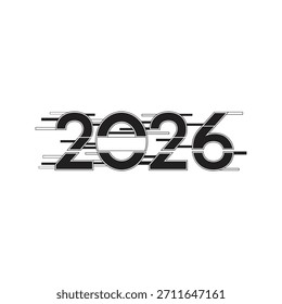 Eine abstrakte Glitch-Effekt-Typografie des Jahres 2026, die Geschwindigkeit, Bewegung, moderne digitale Verzerrung und rasante technologische Veränderungen für die Zukunft repräsentiert.