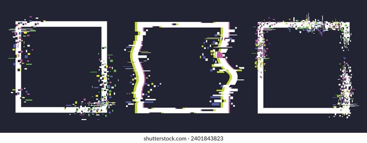 Abstract glitch frames. Digital distortion square borders, noise glitch border frames flat vector illustration set. Pixelated bad tv signal glitch effects