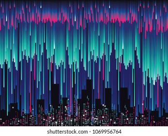 Abstract Glitch, Futuristic City Vector Illustration Created From Vertical Gradient Strokes