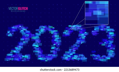 Abstrakter Glitch Horizontal Linien 2023 Nummernschilderhintergrund. Einzigartige Design Abstrakte digitale Lärmbelästigung Fehler Video beschädigt Textur. Ästhetik von Vaporwave oder Cyberpunk Style. Vektorgrafik.
