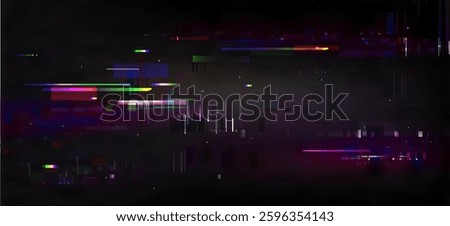 Abstract glitch lines on black TV screen. Vector realistic illustration of pixel noise effect on computer display, video game rewind pattern, old technology background, hacked software, cyber attack