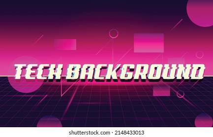 Abstract glitch tech background , Retro Sci-Fi Background Futuristic Grid landscape , 90's . Horizontal matrix grid in space with stars in the background.