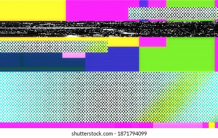 Fondo de textura de brillo abstracto. Señal de video rota. Difusión en línea dañada. Ruido digital de píxeles. Ilustración vectorial.
