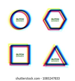 Abstract glitch texture frame set. Distorted modern round square triangle hexagon background with glitch effect. Broken sign collection with rgb cmyk colors channel. Minimal style vector illustration.
