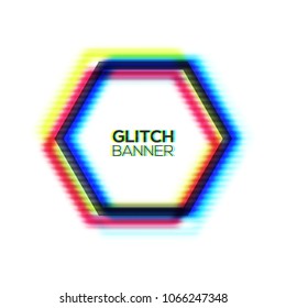 Abstract glitch texture hexagon frame. Geometric style art. Distorted modern polygon background with glitch effect. Broken glitched sign concept of rgb cmyk colors channel. Color vector illustration.