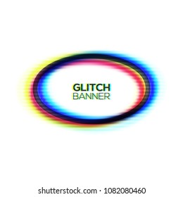 Abstract glitch texture oval frame. Geometric style art. Distorted modern ellipse background with glitch effect. Broken glitched round ring with rgb cmyk colors channel. Color vector illustration.