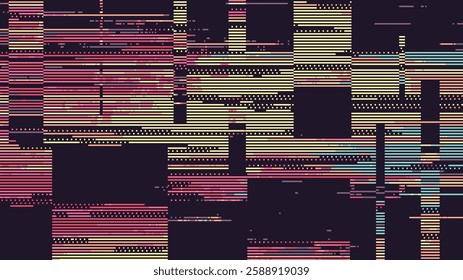 Abstract glitch vector background with horizontal lines and squares in retro colors on a dark backdrop. Digital noise. pixel art mosaic texture design.