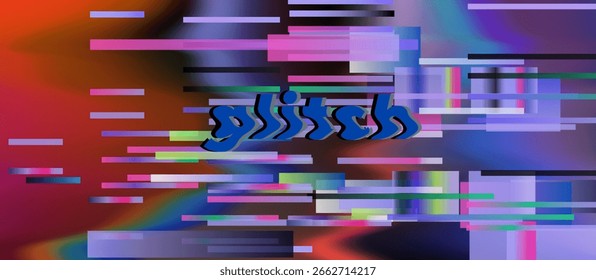 Abstract glitch vector illustration in a modern, digital art style. Features rectangles and lines in vibrant purples, reds, blues, and greens. The theme is technology, distortion.