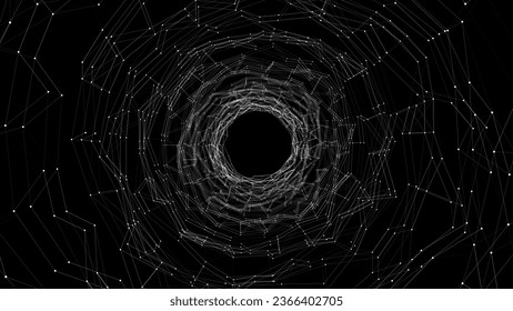 Abstrakter Glitzertunnel. Vektorschwarzes Wurmloch. 3D-Portal-Raster. Futuristischer Fantasy-Funnel.