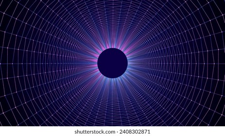 Abstract glitch wireframe tunnel. Vector colors wormhole. 3D portal grid. Futuristic fantasy funnel.