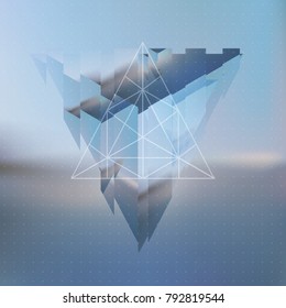 Abstract Glitched, broken or fragmented pyramid with the reflection of the environment and low poly triangles on blurred background. Modern Glitch Style object. Vector Illustration