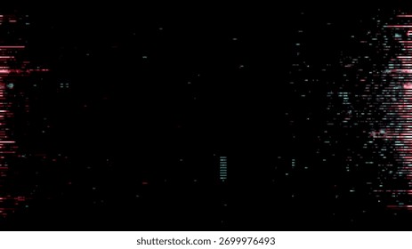 Abstract glitched data texture with red and blue pixels on black background. Digital interference for overlay or background.