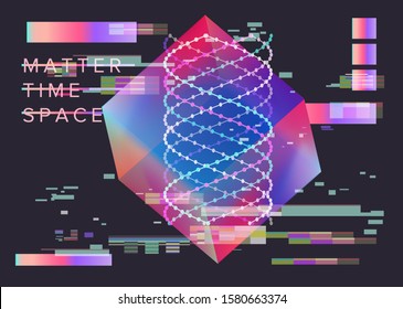 Abstract glitched generative art background with holographic cube. Conceptual sci-fi illustration of high-tech/ cyberpunk technologies of future virtual reality.