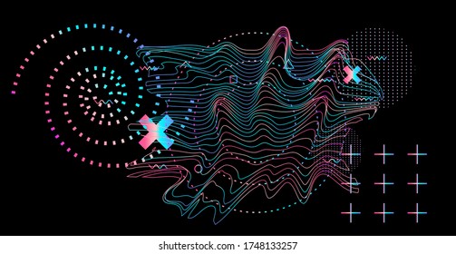 Abstract glitched generative art background with geometric composition. Conceptual sci-fi illustration of high-tech cyberpunk technologies of future and virtual reality.