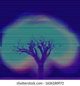 Abstract glitched neon tree. Cyberpunk concept. Retro futuristic wallpaper with glitch effect. Colorful techno backdrop with aesthetics of synthwave style of 80's.