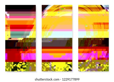 Abstract glitched poster set. Error mpbile phone format texture. Artistic wallpaper template. EPS10 vector.