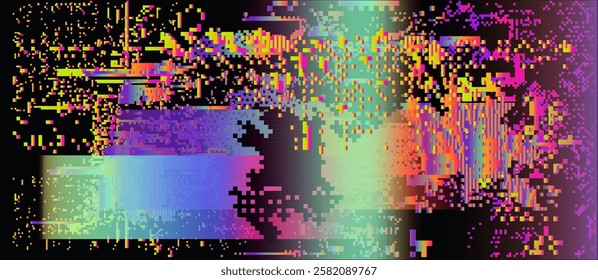 Abstract glitchy background reminiscent of a ruined VHS tape, with holographic light leaks and pixel noise. Vector design on technological theme.