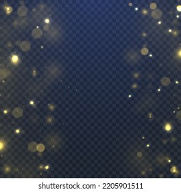 Abstract glitter defocused blinking stars and sparks. Blurred bokeh light on dark blue background. Christmas and New Year holidays template. Dark golden abstract bokeh. Vector illustration.