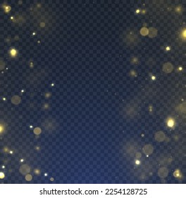 El brillo abstracto desenfocó estrellas y chispas parpadeantes. Bokeh abstracto dorado oscuro. plantilla de vacaciones de Navidad y Año Nuevo. Luz de bokeh borrosa sobre fondo azul transparente. Ilustración vectorial.