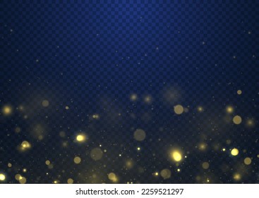 Abstract glitter defocused blinking stars and sparks. Dark golden abstract bokeh. Blurred bokeh light on transparent blue background. Christmas and New Year holidays template. Vector illustration.