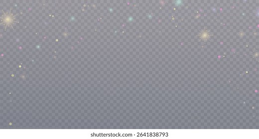 Abstract glitter lights, rainbow shimmer lights and soft flashes on transparent background. Backdrop for festive and light atmosphere.