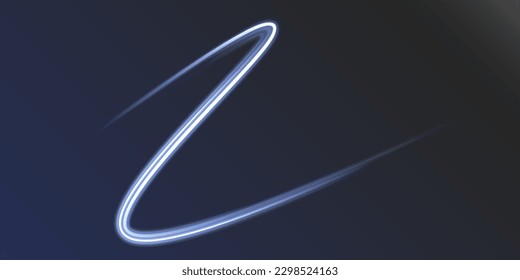 Abstract glitter neon lines of movement and speed with sparkles. Curve light effect of blue twirl. Semicircular wave, light vortex wake. Luminous motion wavy. Space tunnel. Bright vector spiral line.