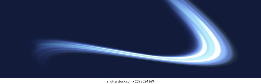 Abstract glitter neon lines of movement and speed with sparkles. Curve light effect of blue twirl. Semicircular wave, light vortex wake. Luminous motion wavy. Space tunnel. Bright vector spiral line.