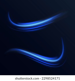 Resumen de líneas de movimiento y velocidad de neón con destellos. Efecto de la luz de curva del twirl azul. Ola semicírculo, vórtice claro. Oleada de movimiento luminoso. Túnel espacial. Línea espiral vectorial brillante.