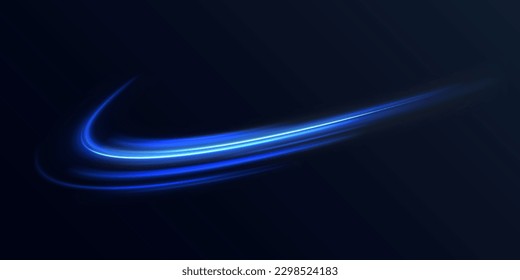 Abstract glitter neon lines of movement and speed with sparkles. Curve light effect of blue twirl. Semicircular wave, light vortex wake. Luminous motion wavy. Space tunnel. Bright vector spiral line.
