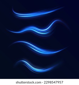 Abstract glitter neon lines of movement and speed with sparkles. Curve light effect of blue twirl. Semicircular wave, light vortex wake. Luminous motion wavy. Space tunnel. Bright vector spiral line.